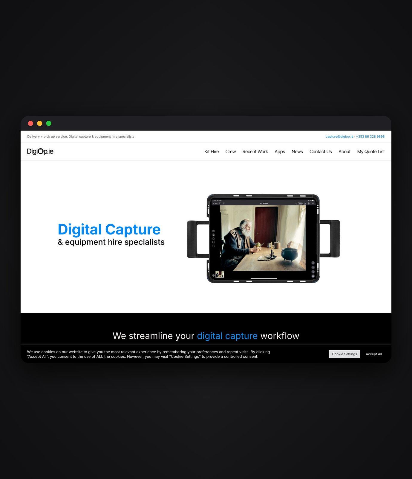 DigiOp.ie digital capture and equipment hire website on desktop